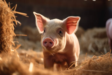 a young little pig stands in straw on a farm. household. generative AIの素材
