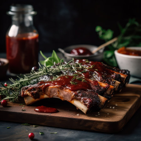 Spicy rack of spare ribs with marinade in a small saucepan and red hot chili pepper served on an old wooden cutting board in a restaurant, closeup view.generative AIの素材