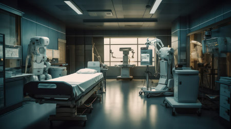 background of the interior of a modern hospital with an empty long room, with bright white lights with assistant robots and futuristic equipment. generative AIの素材