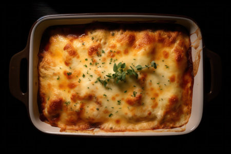 Homemade delicious lasagna with tomatoes and cheese and herbs in a baking dish on a stone background. View from above . generative AIの素材