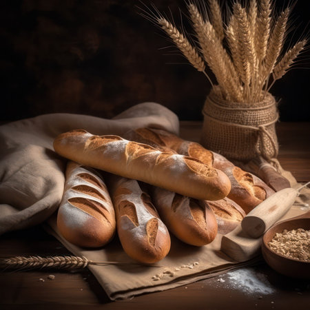 Rustic bun or french baguette, wheat and flour on a black board. Country kitchen or bakery. generative AIの素材