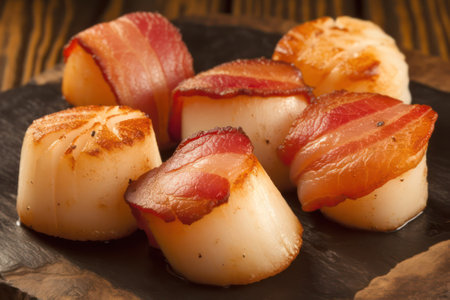 grilled sea scallops served on a plate on a dark plate with sauce on a dark background. seafood. seafood. generative AIの素材
