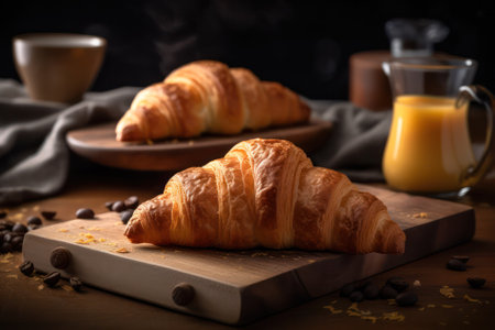 Board with delicious croissants on a dark wooden table, close-up. french pastries.generative AIの素材