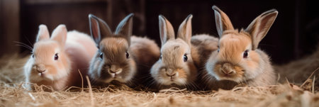 four adorable brown rabbits eat food and sit on dried grass in a rabbit farm. Household and ecology concept.generative AIの素材