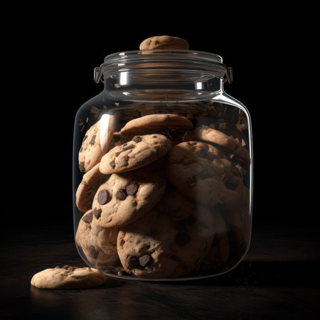 Were going to have cookies with pieces of chocolate in a glass jar on a dark background. Render. generative AIの素材