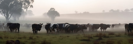 a herd of cattle grazes on a foggy morning in the farm fields. generative AIの素材
