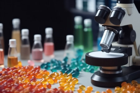 microscope next to pills and transparent capsules.science and health. generative AIの素材