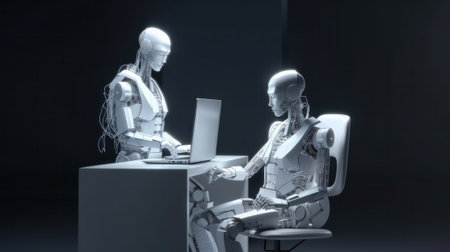 android work in the virtual world. Internet. artificial intelligence. human replacement by a robot. access to the virtual world. generative AIの素材