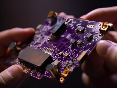 hands holding circuit board with golden edges and black components. generative AIの素材