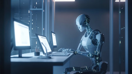 android work in the virtual world. Internet. artificial intelligence. human replacement by a robot. access to the virtual world. generative AIの素材