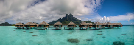 Bungalows with thatched roofs are located around a tropical island. beautiful landscape and luxury holiday. generative AIの素材
