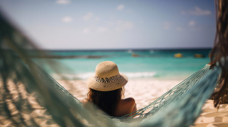 Summer vacation concept, woman in a hat and shorts relaxing in a hammock on a tropical beach. Tourism and rest. banner. generative AIの素材