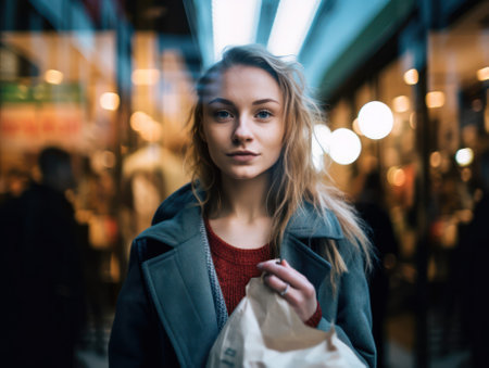 young happy woman carefully holding a craft paper bag with groceries bought in the store. generative AIの素材