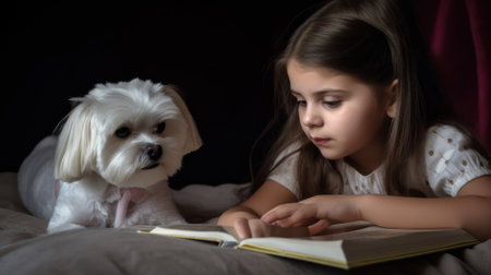 The baby reads the book with her pet puppy. the concept of family and happy childhood. Generative AIの素材