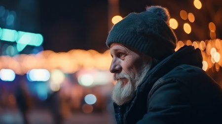 a sad homeless man sits on the street against the backdrop of a bright festive illumination of the city. the concept of helping the poor and the homeless. Generative AIの素材