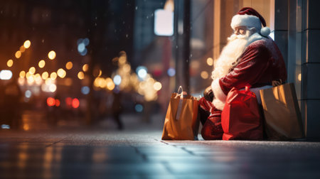 Santa Claus with a bunch of gifts and a red bag is resting on the street against the backdrop of festive illumination. holiday and Christmas concept. Generative AIの素材