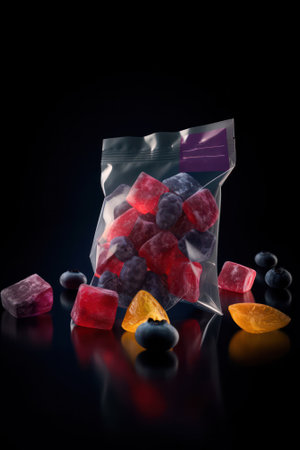multi-colored jelly candies in a package and on a table on a dark background. Generative AIの素材