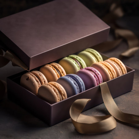 Colorful macaroons or macaroons in a gift box close-up. Traditional french dessert macaroons in a row. Generative AIの素材