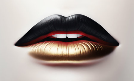 Abstract black with gold lips on a white background. black lips close up. Beautiful make-up. beautiful color on the beauty of the female mouth, close-up. mouth icon. Generative AIの素材