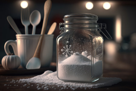 sugar in a glass jar on a wooden table against the background of a blur image of the kitchen. Generative AI.の素材
