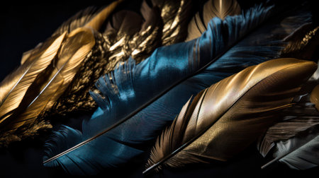abstract background.blue and gold lush bird feathers on a dark background. generative AIの素材