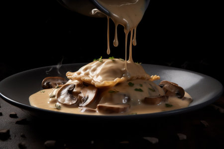 Ravioli with cream mushroom sauce and basil on big white plate. rustic style.Generative AIの素材