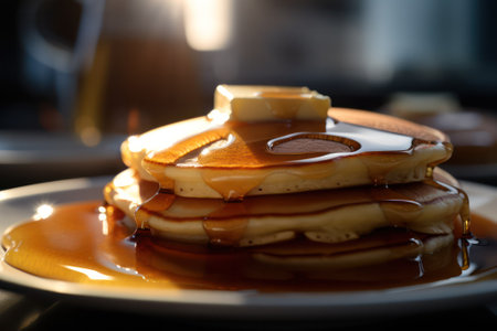 a stack of pancakes with a piece of butter on a dark background rustic style. Generative AIの素材