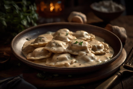 Ravioli with cream mushroom sauce and basil on big white plate. rustic style.Generative AIの素材