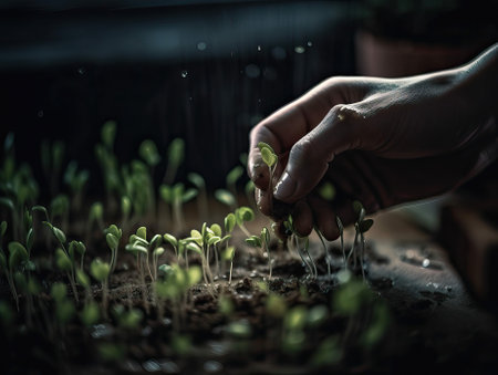 grow fresh small green plants. caring for young seedlings. agriculture. generative AIの素材