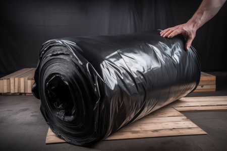 Black rolls of large size plastic garbage bags in a factory or production plant. Generative AIの素材