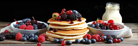 Homemade american pancakes with fresh blueberry, raspberries and honey. Healthy morning breakfast. rustic style. Generative AIの素材
