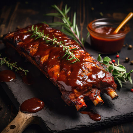 Spicy rack of spare ribs with marinade in a small saucepan and red hot chili pepper served on an old wooden cutting board in a restaurant, closeup view.generative AIの素材