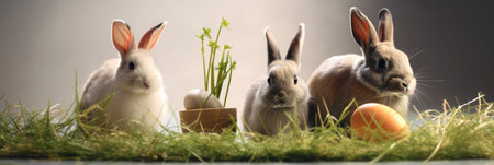Easter picture with a cute bunny and Easter eggs in the grass on a sunny day. Generative AIの素材