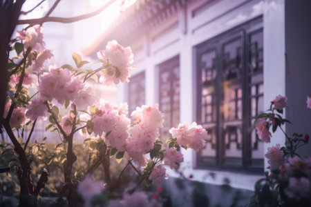 beautiful pink cherry blossom (Sakura), and with vintage japanese building background. Generative AIの素材