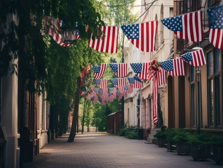 streets festively decorated with American flags. holiday of the day of independence and the day of the flag. Generative AIの素材