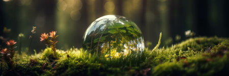 Environment concept, a crystal ball lies on a moss in the forest, reflection of the forest. concept and theme of nature, environmental protection. relaxation. glass material. Generative AIの素材