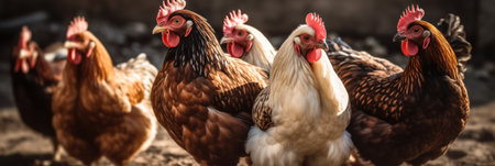 chickens walking around the farm yard. Neural network AI generatedの素材
