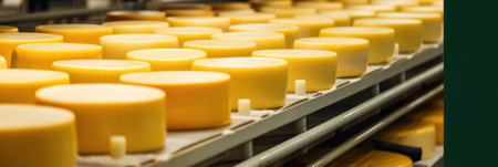 Cheese conveyor. Industrial production of hard cheeses. Cheese is a very tasty and healthy product. Generative AIの素材