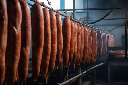 Industrial production of meat products and sausages. conveyor with sausage. Generative AIの素材