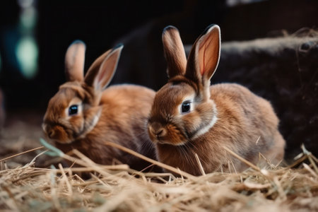 two adorable brown rabbits eat food and sit on dried grass in a rabbit farm. Household and ecology concept.generative AIの素材