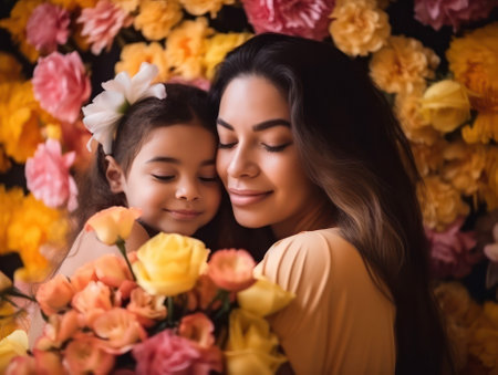 Happy mother with her daughter in her arms and flowers. the concept of happiness. Mothers Day. Ethnic diversity. Generative AIの素材