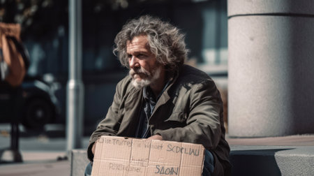 a beggar and homeless man sits on the pavement in the city with a cardboard sign. generative AIの素材