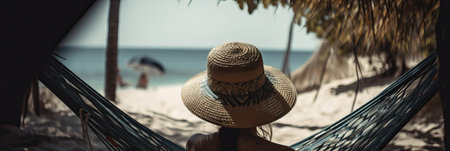 Summer vacation concept, woman in a hat and shorts relaxing in a hammock on a tropical beach. Tourism and rest. banner. generative AIの素材