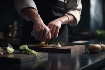 Chefs hands cutting fresh onions on a wooden board.Generative AIの素材