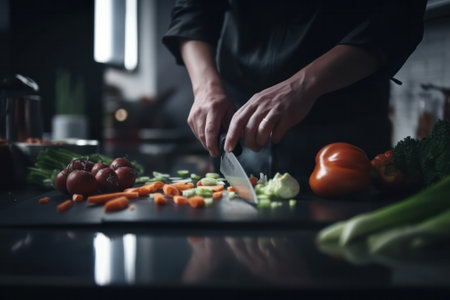 Chefs hands cutting fresh vegetables on a wooden board.Generative AIの素材