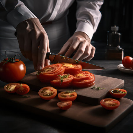 Chefs hands cutting red fresh tomato on a wooden board .Generative AIの素材
