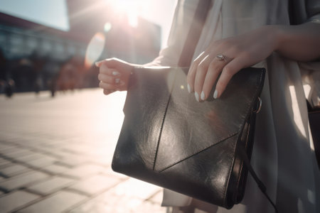 the hands of a young woman hold a bag with documents on the background of the airport or train station. Generative AIの素材