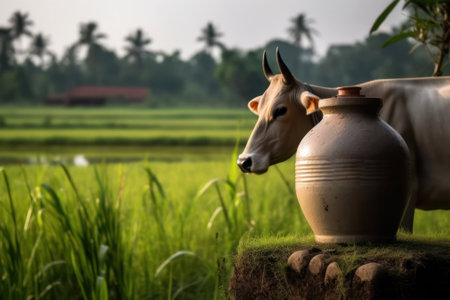 cattle pasture, Indian cow in the meadow.Neural network AI generatedの素材