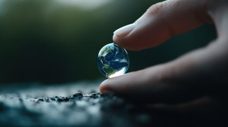 planet Earth in the form of a transparent drop of water on the palm of a person. the concept of the fragility of the planet and respect for the environment. Generative AIの素材