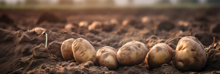 harvest of potato in the field, potato lie in rows in the farm field.Generative AIの素材